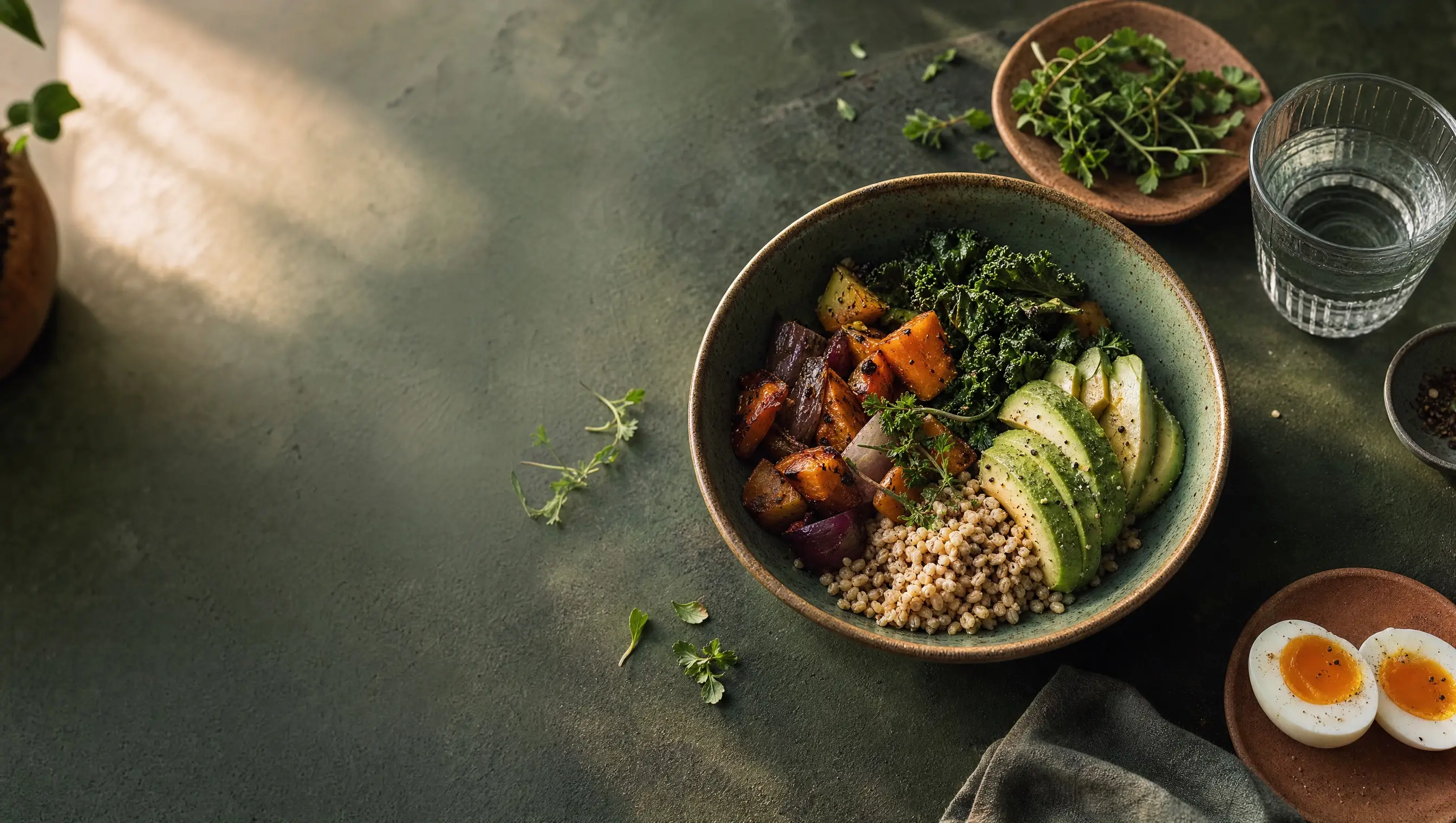An overhead spread on a deep green table — a bowl of grains, roast vegetables, kale and avocado beside fresh herbs and soft-boiled eggs