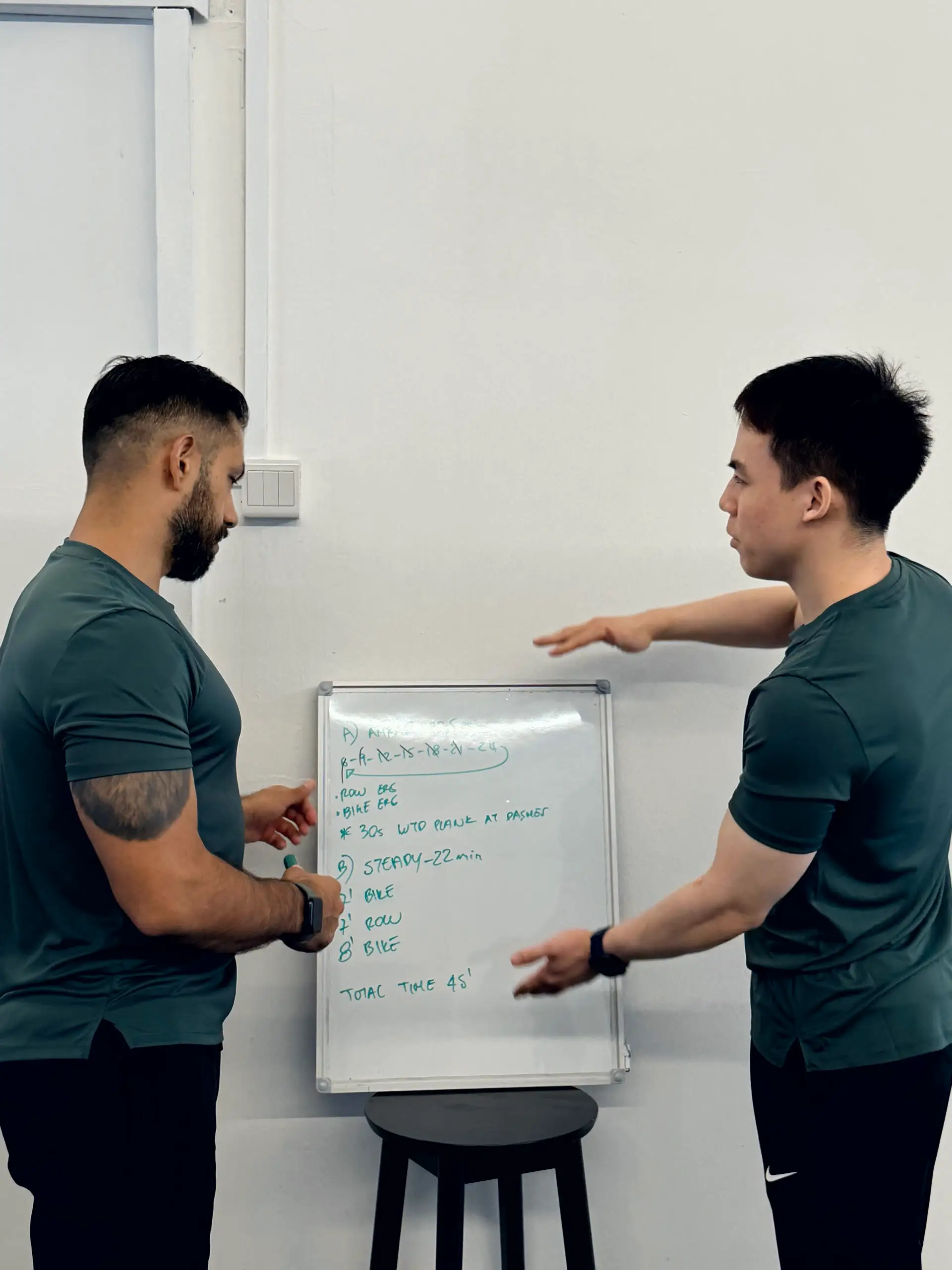 Ivan and Wei Song planning a training programme on a whiteboard