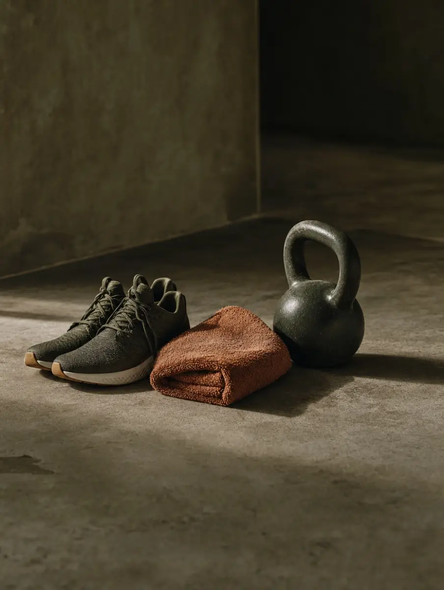 Training shoes, a folded towel and a kettlebell set out on a concrete floor