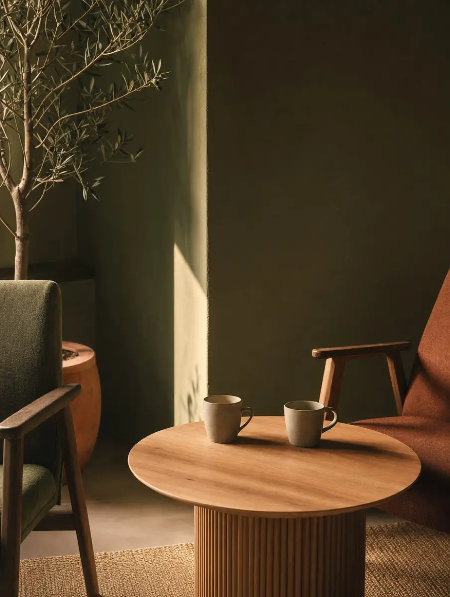 Two cups on a low table between chairs in a quiet corner
