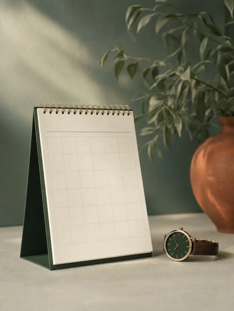 A desk calendar and a wristwatch resting in soft daylight