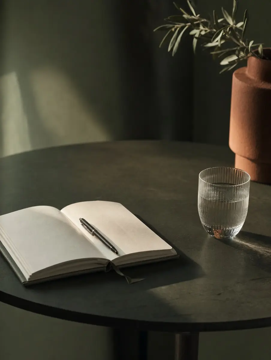 An open notebook and a glass of water on a dark table in morning light