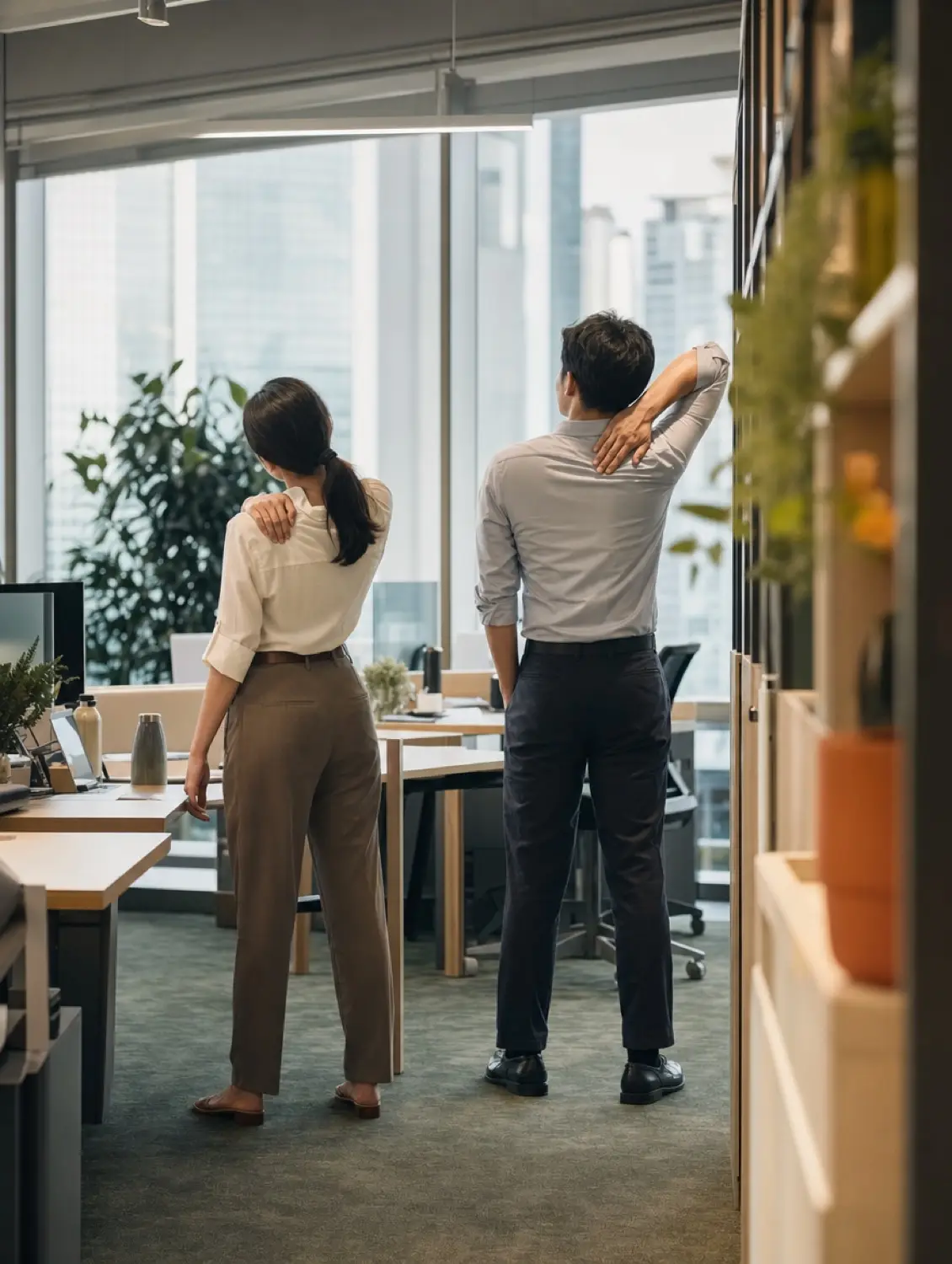 Two colleagues taking a shoulder and neck stretch break beside their desks in an open-plan office