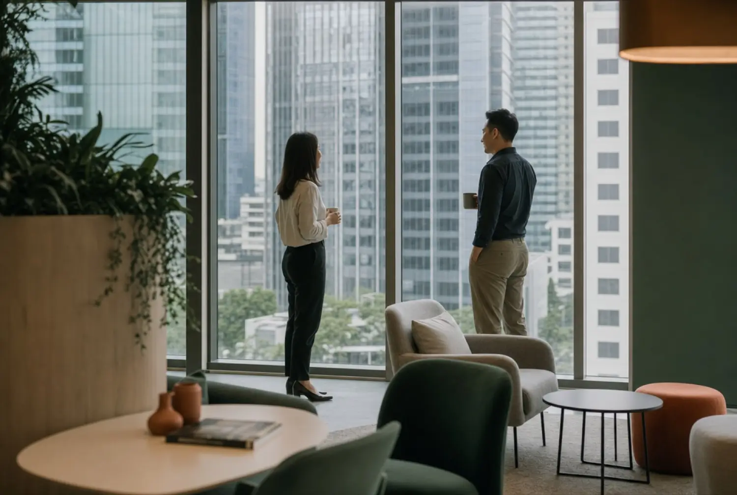 Two colleagues talking by a floor-to-ceiling window in a breakout area, city skyline beyond